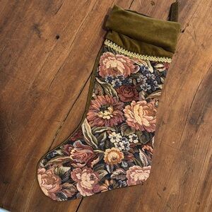 Pier 1 Velvet & Tapestry Moss Green Gold Accent Floral Stocking